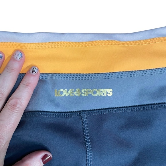 Love & Sports Gray Leggings with Yellow Waistband Side Pockets Sz S - Picture 3 of 6